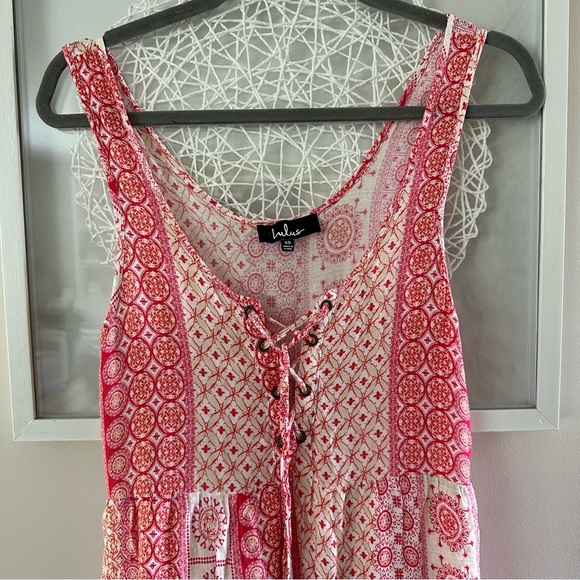 LULU'S Cache Creek Red Print Lace-Up Tiered Swing Dress - Picture 4 of 6